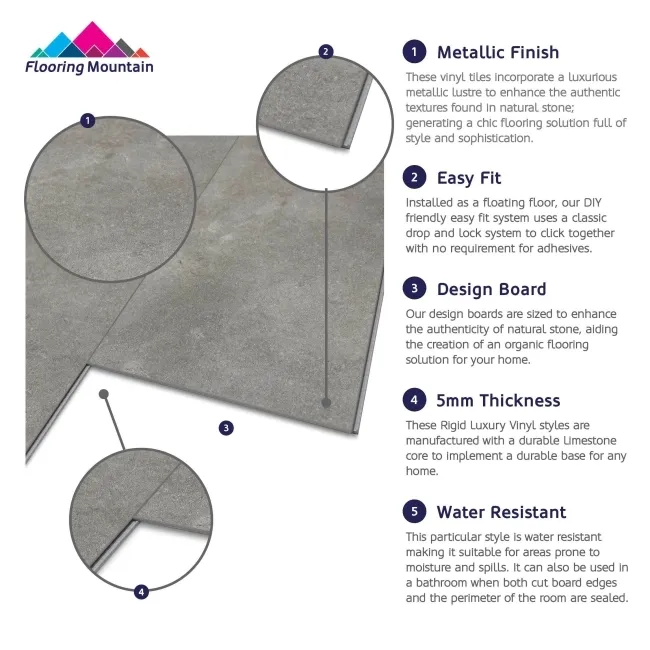 Concrete Effect Grey Tile Luxury Click Vinyl Flooring 5mm