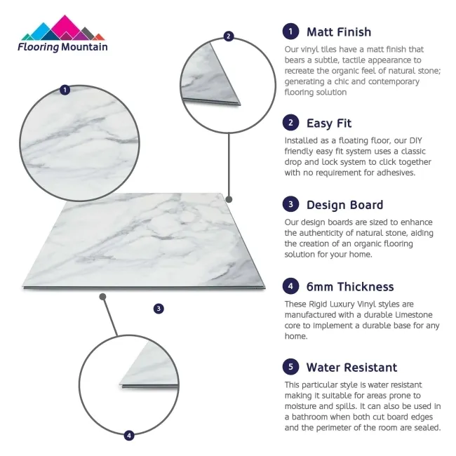 Marble Deluxe White Tile Luxury Click Vinyl Flooring 6mm