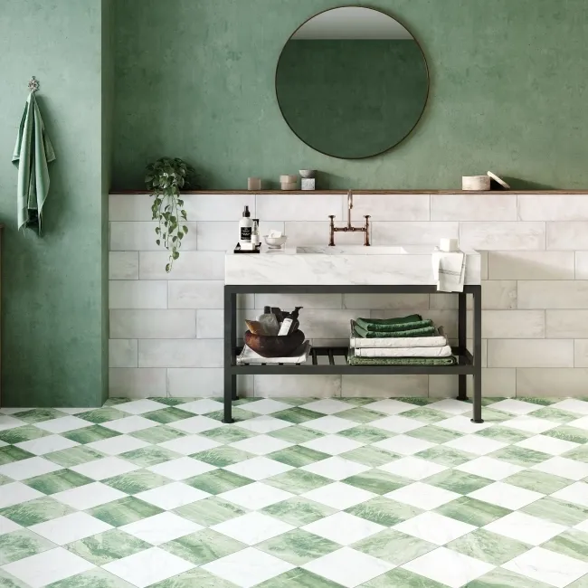 Marble Chess Effect Green & White Matt Porcelain Tile
