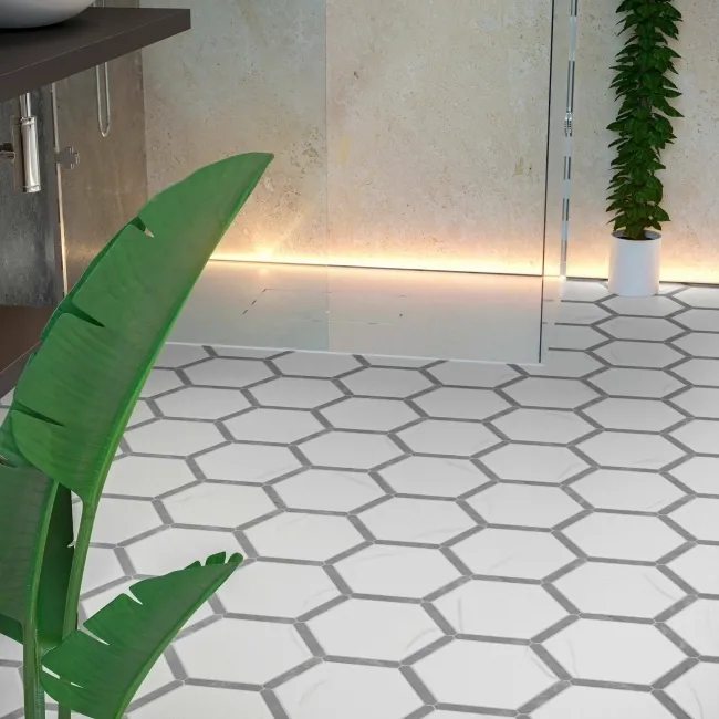 Fusion White Marble Effect & Stone Border Hexagon Tile
