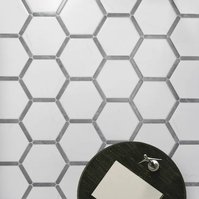 Fusion White Marble Effect & Stone Border Hexagon Tile