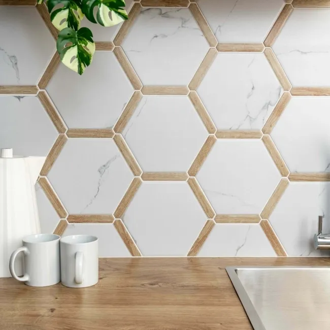 Fusion White Marble Effect & Oak Border Hexagon Tile