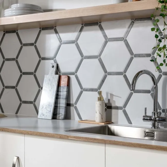 Fusion White Marble Effect & Stone Border Hexagon Tile