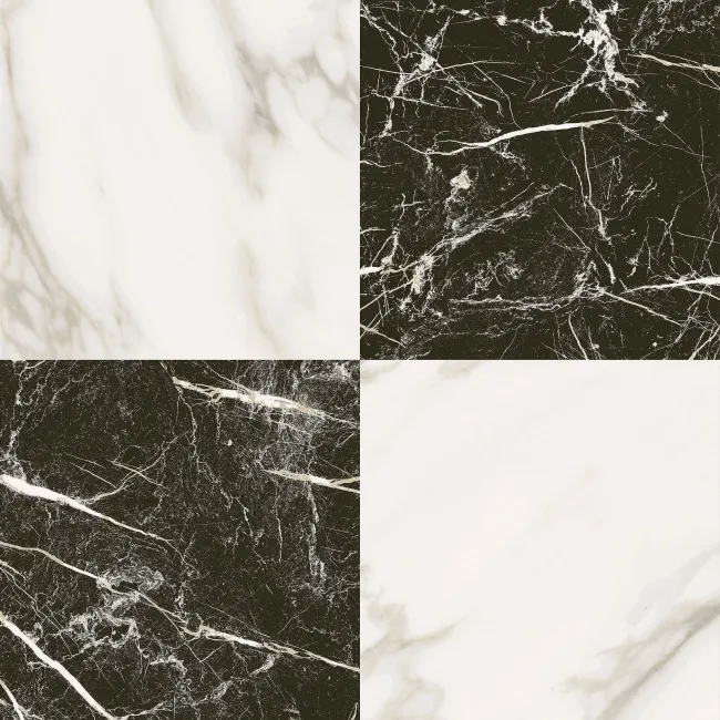 Marble Chess Effect Black & Golden White Matt Porcelain Tile
