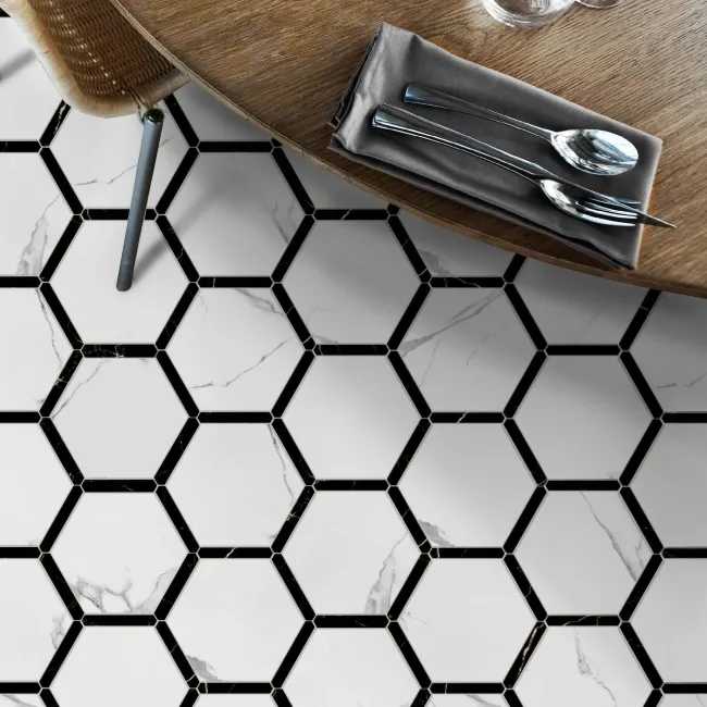 Fusion White Marble Effect & Black Border Hexagon Tile