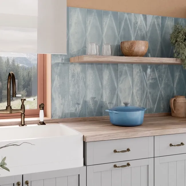 Zellige Ocean Blue Diamond Decor Gloss Porcelain Tile