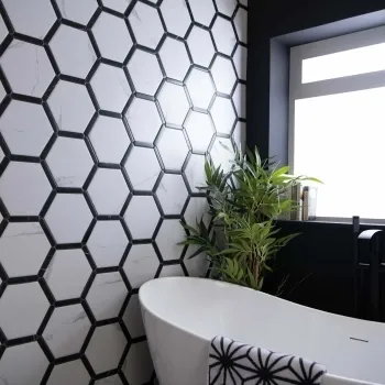 Fusion White Marble Effect & Black Border Hexagon Tile
