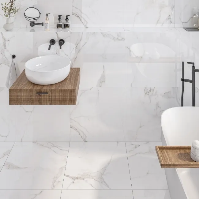 Carrara White Gloss Marble Effect Rectified Vitrified Ceramic Floor Tile