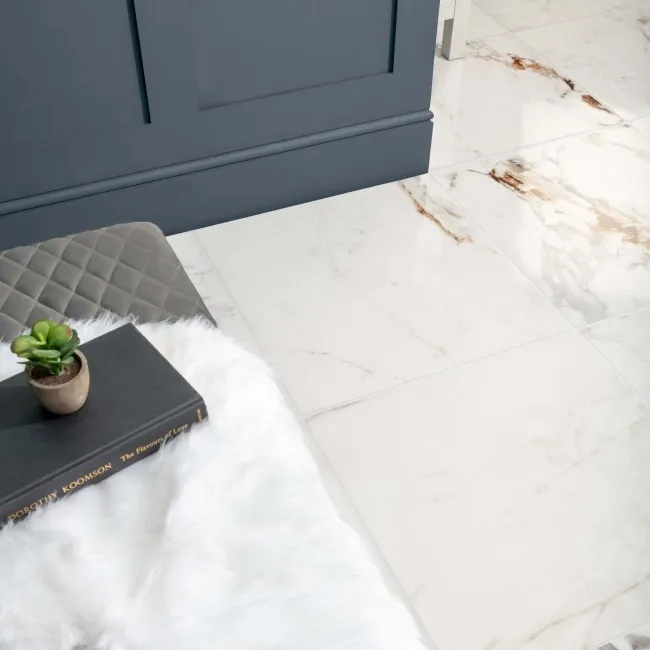 Barnaby White Marble Effect Gloss Rectified Vitrified Ceramic Floor Tile