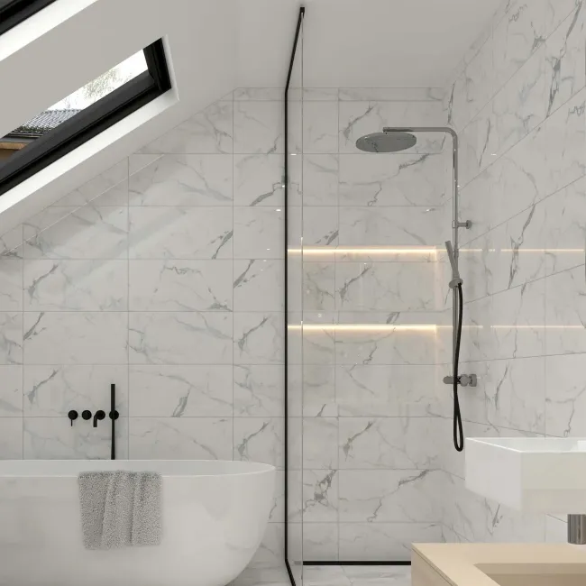 Carrera White Marble Effect Polished Porcelain Wall and Floor Tile