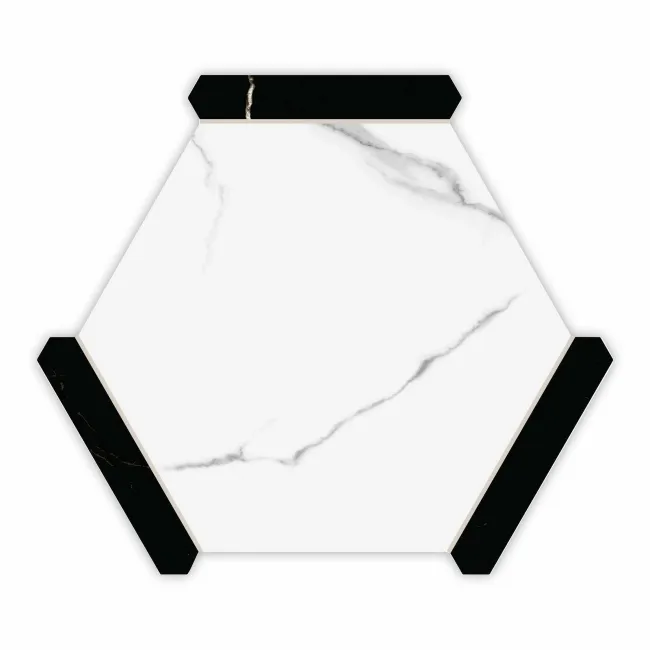 Fusion White Marble Effect & Black Border Hexagon Tile