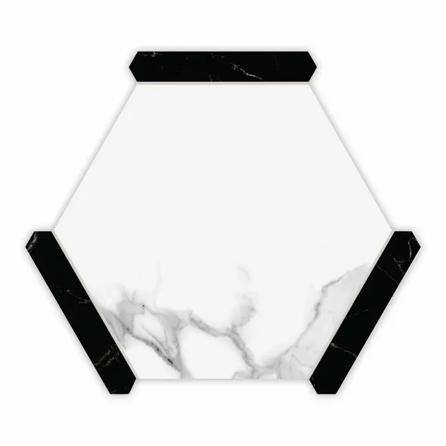 Fusion White Marble Effect & Black Border Hexagon Tile