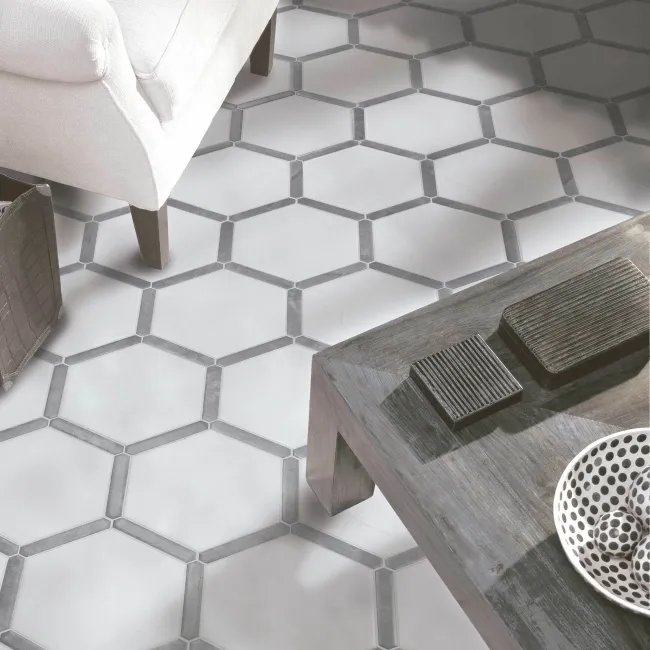 Fusion White Marble Effect & Stone Border Hexagon Tile