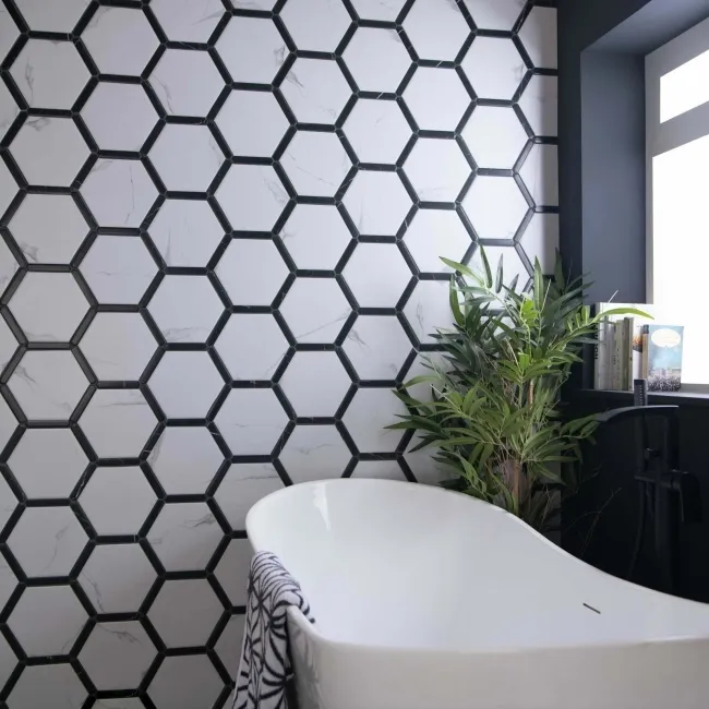 Fusion White Marble Effect & Black Border Hexagon Tile