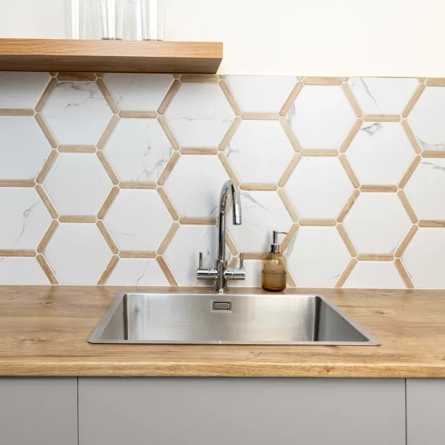 Fusion White Marble Effect & Oak Border Hexagon Tile