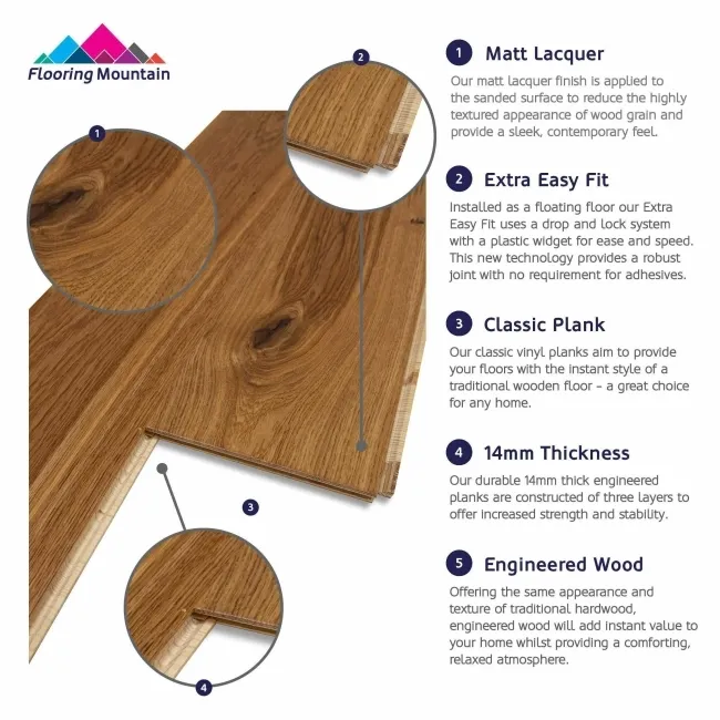 Grande Golden Brown Oak Engineered Flooring 14mm x 180mm Lacquered