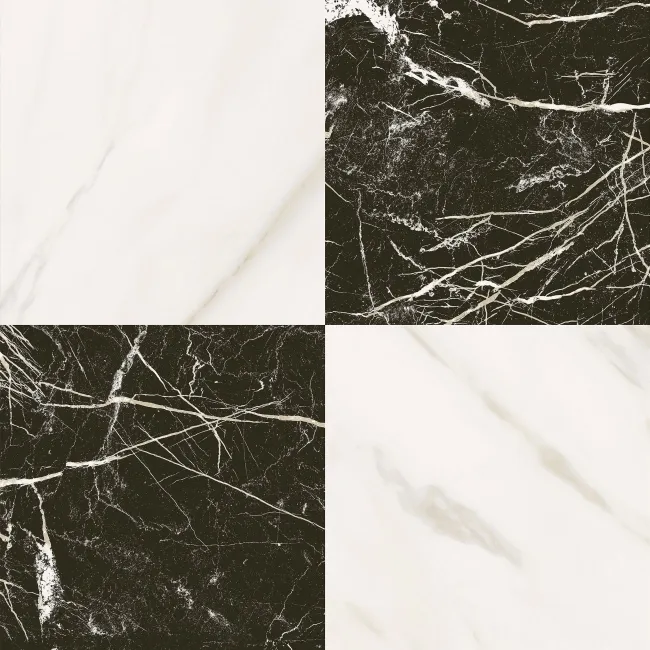 Marble Chess Effect Black & Golden White Matt Porcelain Tile