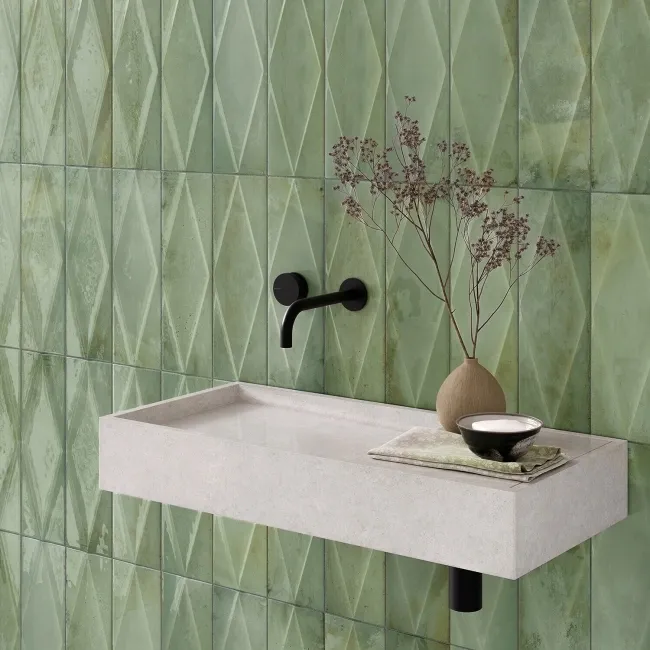 Zellige Sage Green Diamond Decor Gloss Porcelain Tile