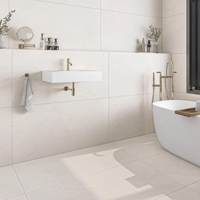 Khali White Stone Effect Matt Porcelain Wall and Floor Tile 