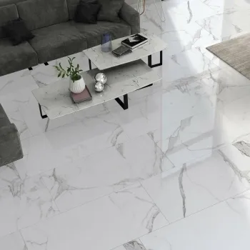 Carrara White Polished Marble Porcelain Floor Tile 600x1200 Living Room Roomset