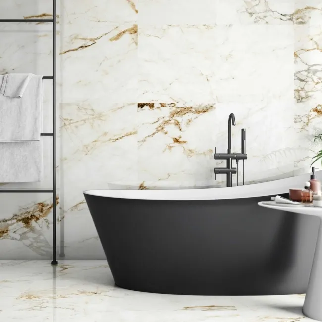 Barnaby White Marble Effect Gloss Rectified Vitrified Ceramic Floor Tile