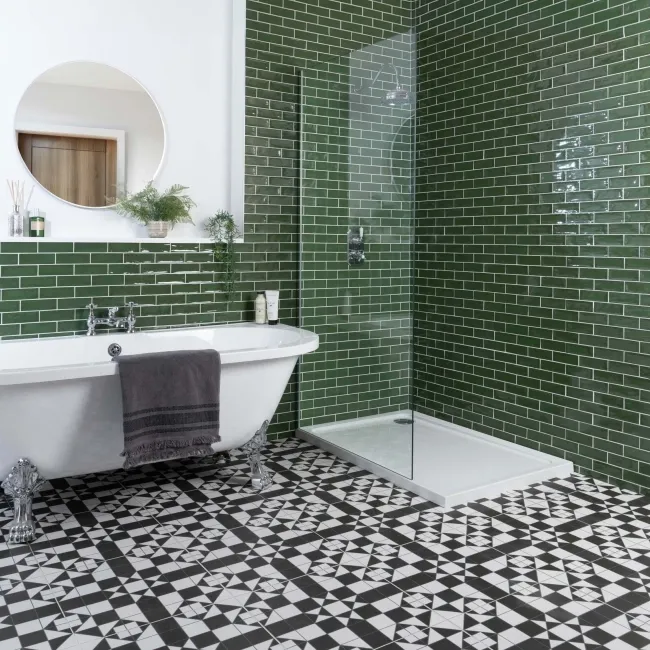 Devon Black & White Victorian Patterned Matt Ceramic Floor Tile