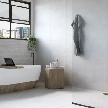 Towns Pearl Grey Porcelain Wall and Floor Tile 303x613 Bathroom Roomset