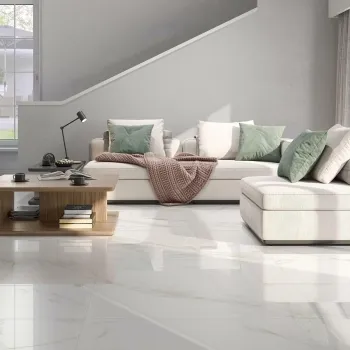Carrara Gold Gloss Marble Effect Porcelain Floor Tile 605x605 Living Room Roomset