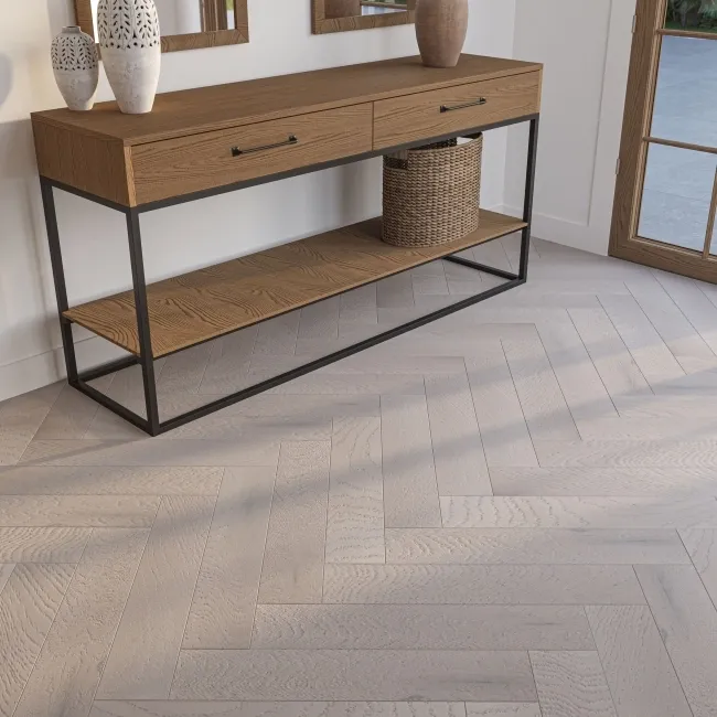 Delamere Herringbone Light Grey Oak Engineered Wood Flooring 13mm Oiled