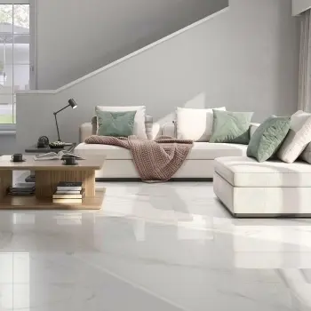 Carrara Gold Gloss Marble Effect Porcelain Floor Tile 605x605 Living Room Roomset