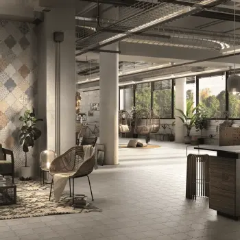 Riga Concrete Wall and Floor Tiles 450x450 Dining Room Roomset