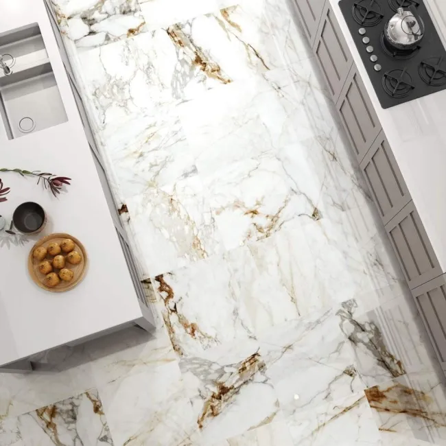 Barnaby White Marble Effect Gloss Rectified Vitrified Ceramic Floor Tile