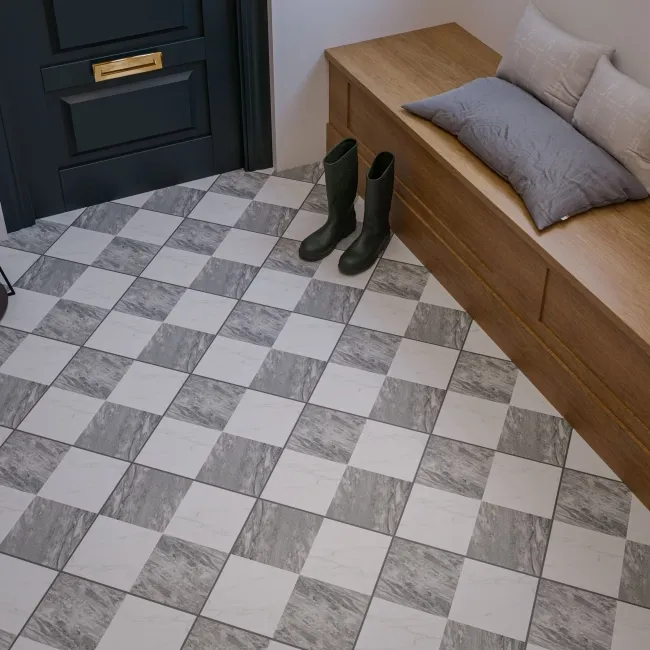 Marble Chess Effect Grey & White Matt Porcelain Tile