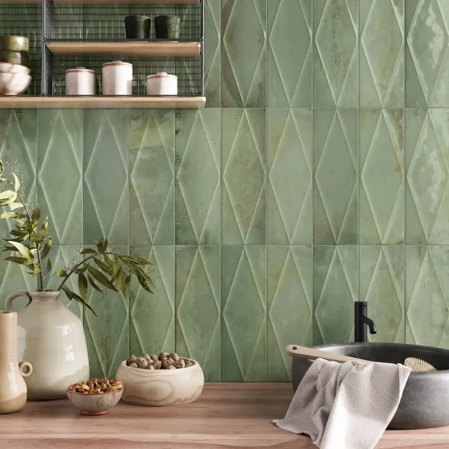 Zellige Sage Green Diamond Decor Gloss Porcelain Tile