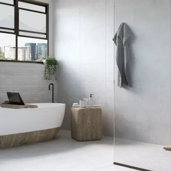 Towns Pearl Grey Porcelain Wall and Floor Tile 303x613 Bathroom Roomset