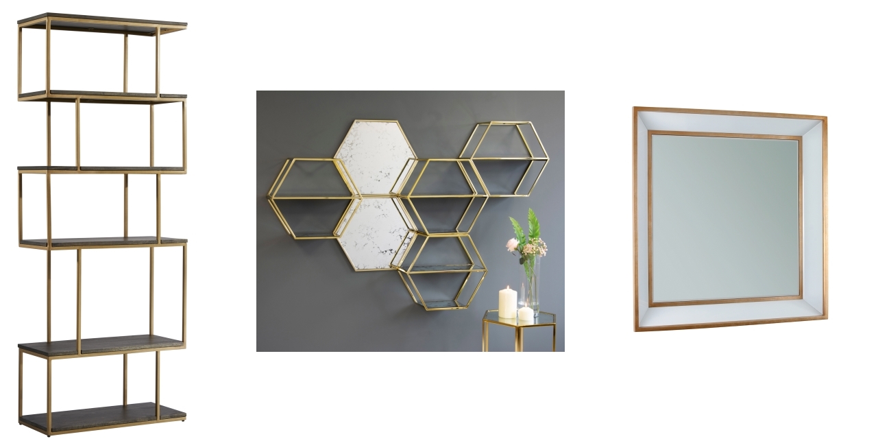 Metal Balance Alcove Shelving | Alveare Brass Wall Shelves and Mirrors by Terrance Conran | Roedera Mirror by My-Furniture
