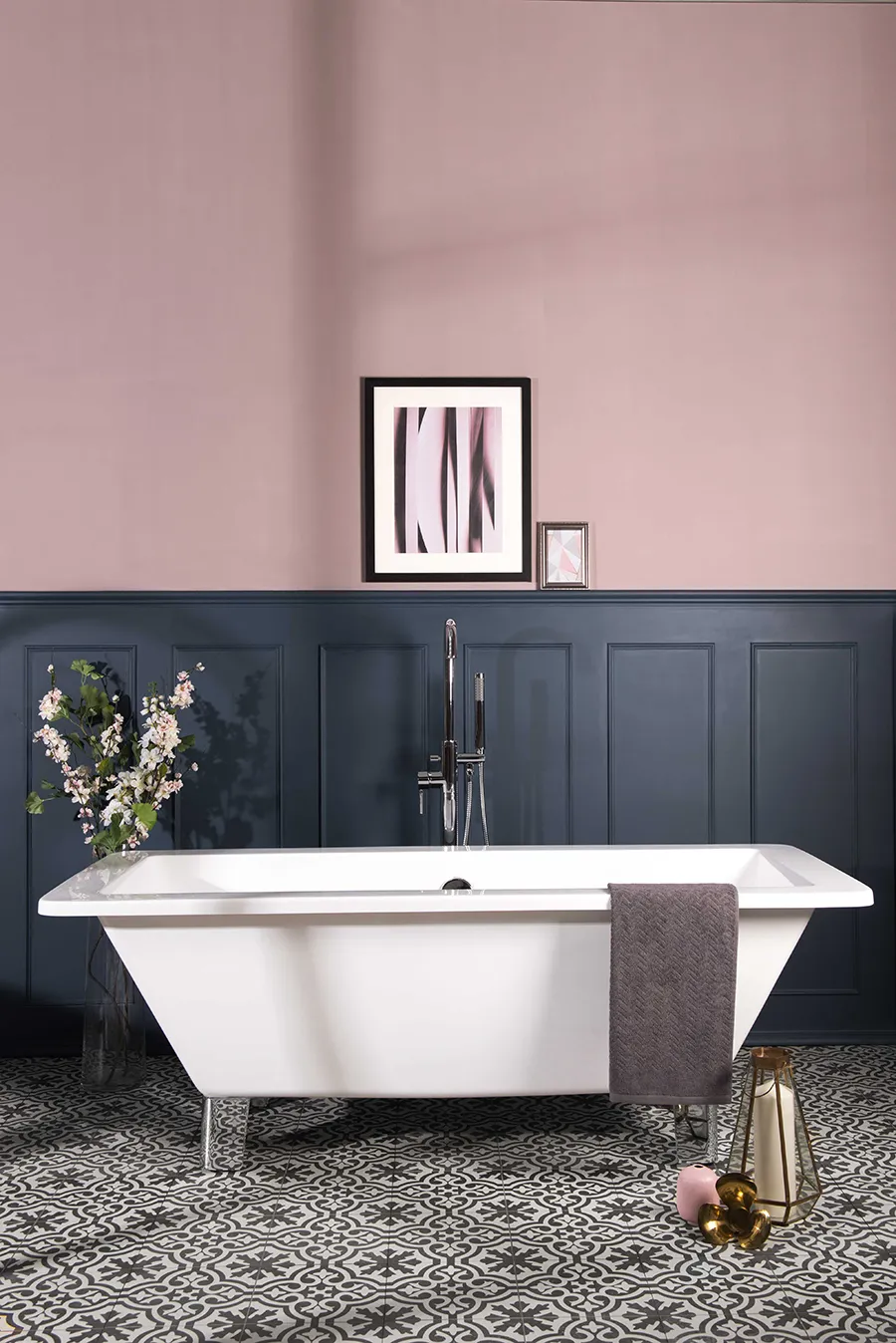 free-standing tub in blue and pink bathroom