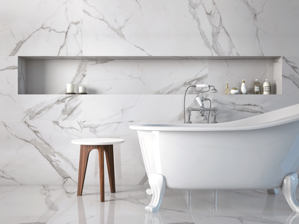 Place White Marble Effect Wall and Floor Tile from Tile Mountain
