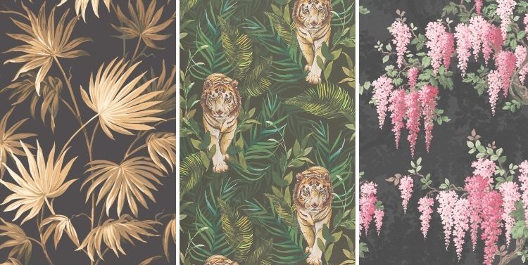 Wisteria in Noir wallpaper by Woodchip & Magnolia | Tiger Tiger wallpaper by Limelace | Va Va Frome Noir Leaf wallpaper by Wisteria in Noir