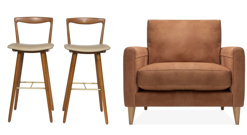 Teak, leather and brass stools by The Old Cinema | Lennox arm-chair by Cult Furniture