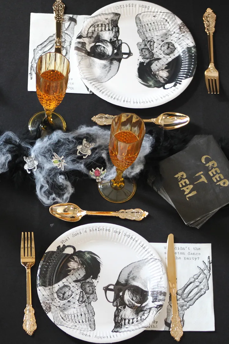 Talking Tables Halloween lace Settings Skeleton Crew Plates Napkins Party Porcelain Gold Cutlery Flutes Lifestyle