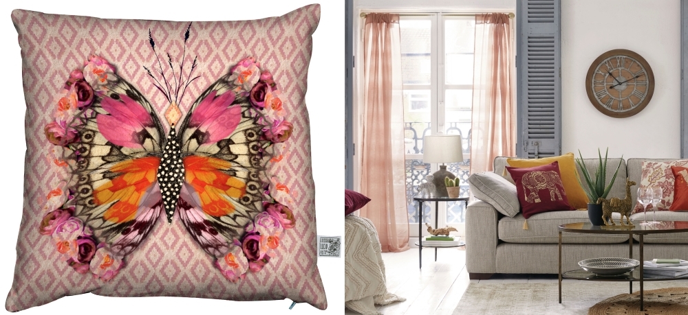 Apollon Butterfly Coral Cushion by Beaumonde | Lille Orange Slot Top Voile Panels by Dunhelm