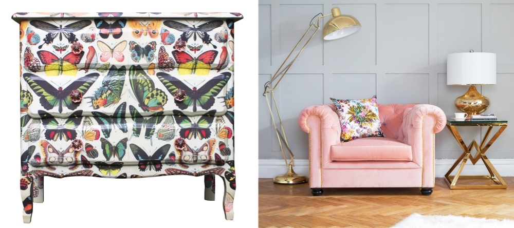 Hand Decorated Butterfly Chest from The Natural History Museum Shop | Vintage Rose Berkley armchair from Sweetpea & Willow 