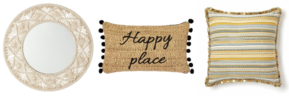 Macramé Mirror | Happy Place Cushion | Striped Fringed & Sequinned Cushion - all Monsoon