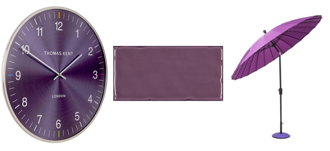 Oyster Amethyst Thomas Kent Clock by Hurn & Hurn | Hampton Purple by Tile Mountain | Purple Geisha Parasol by Cuckooland