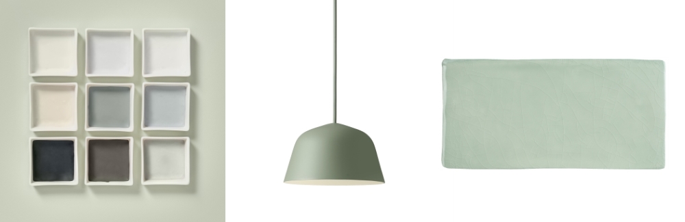 Tranquil Dawn by Dulux | Ambit Ceiling Pendants by Chaplins Furniture | Craquele Glazed by Tile Mountain