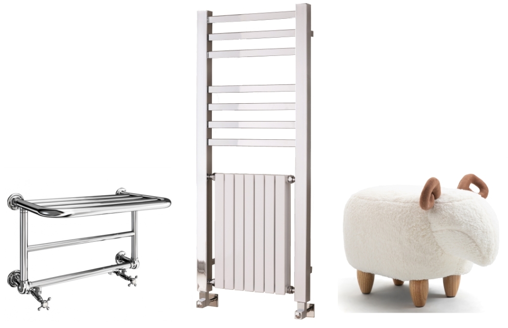 Pure Bathroom Collection Heated Towel Rail by SmithsBriten | Contemporary Quadrate Harmonique Radiator by Vogue Radiators | Sandy The Sheep Footstool by Red Candy
