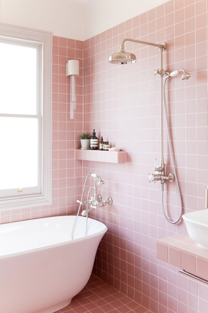 Pink bathroom with square tiles