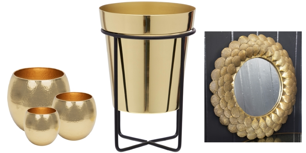 Gold Plant Pots from Audenza | Gold Planter with Black Stand from Cult Furniture |Round Shell Edged Gold Mirror from Rockett St George