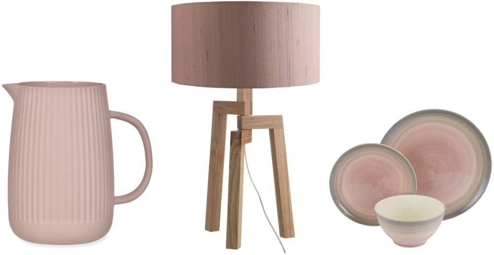Linear Jug from the Pink Gin Collection at Garden Trading | Dylan Oak Lamp Base & Pink Shade from Habitat | Atkinson Pink Stoneware Dining Set from Habitat